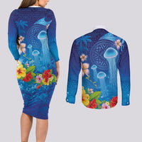 Fiji Jellyfish Couples Matching Long Sleeve Bodycon Dress and Long Sleeve Button Shirt Tapa Patterns and Hibiscus Sea Vibe LT03 - Polynesian Pride