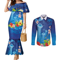 Fiji Jellyfish Couples Matching Mermaid Dress and Long Sleeve Button Shirt Tapa Patterns and Hibiscus Sea Vibe LT03 Blue - Polynesian Pride