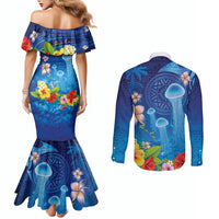 Fiji Jellyfish Couples Matching Mermaid Dress and Long Sleeve Button Shirt Tapa Patterns and Hibiscus Sea Vibe LT03 - Polynesian Pride