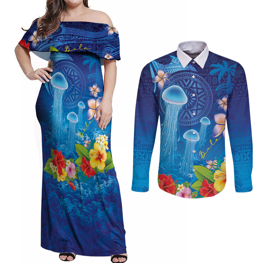 Fiji Jellyfish Couples Matching Off Shoulder Maxi Dress and Long Sleeve Button Shirt Tapa Patterns and Hibiscus Sea Vibe LT03 Blue - Polynesian Pride