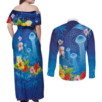 Fiji Jellyfish Couples Matching Off Shoulder Maxi Dress and Long Sleeve Button Shirt Tapa Patterns and Hibiscus Sea Vibe LT03 - Polynesian Pride
