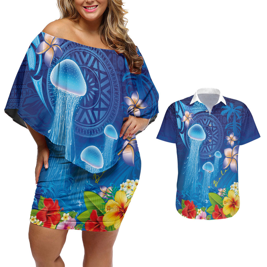 Fiji Jellyfish Couples Matching Off Shoulder Short Dress and Hawaiian Shirt Tapa Patterns and Hibiscus Sea Vibe LT03 Blue - Polynesian Pride