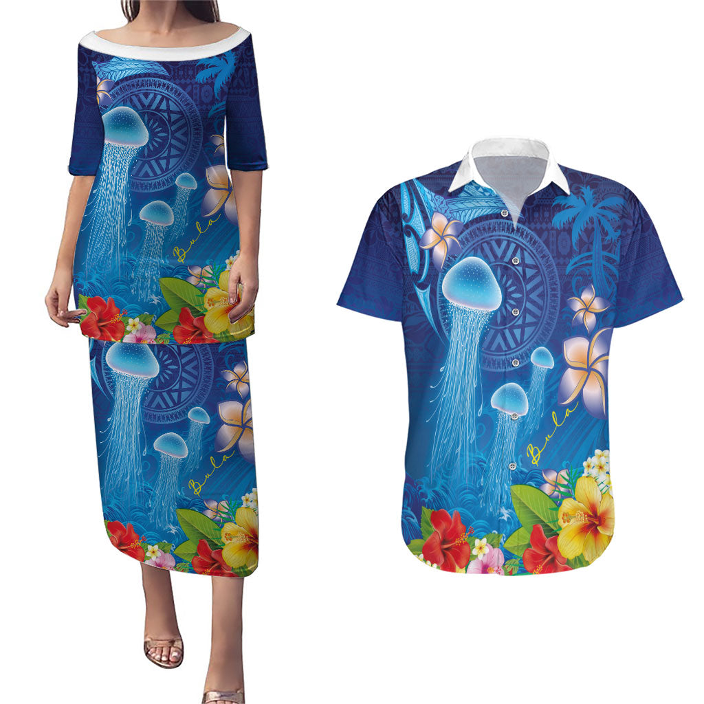 Fiji Jellyfish Couples Matching Puletasi and Hawaiian Shirt Tapa Patterns and Hibiscus Sea Vibe LT03 Blue - Polynesian Pride
