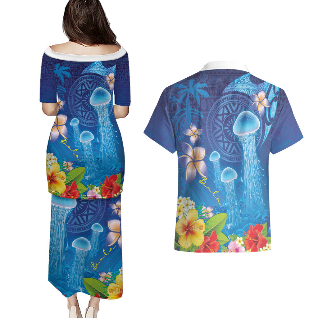 Fiji Jellyfish Couples Matching Puletasi and Hawaiian Shirt Tapa Patterns and Hibiscus Sea Vibe LT03 - Polynesian Pride