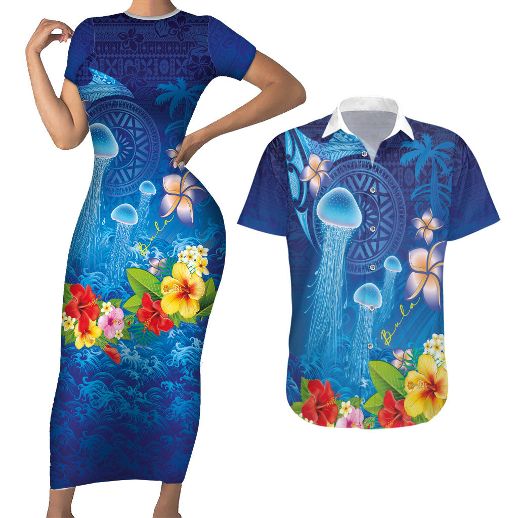 Fiji Jellyfish Couples Matching Short Sleeve Bodycon Dress and Hawaiian Shirt Tapa Patterns and Hibiscus Sea Vibe LT03 Blue - Polynesian Pride