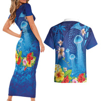 Fiji Jellyfish Couples Matching Short Sleeve Bodycon Dress and Hawaiian Shirt Tapa Patterns and Hibiscus Sea Vibe LT03 - Polynesian Pride