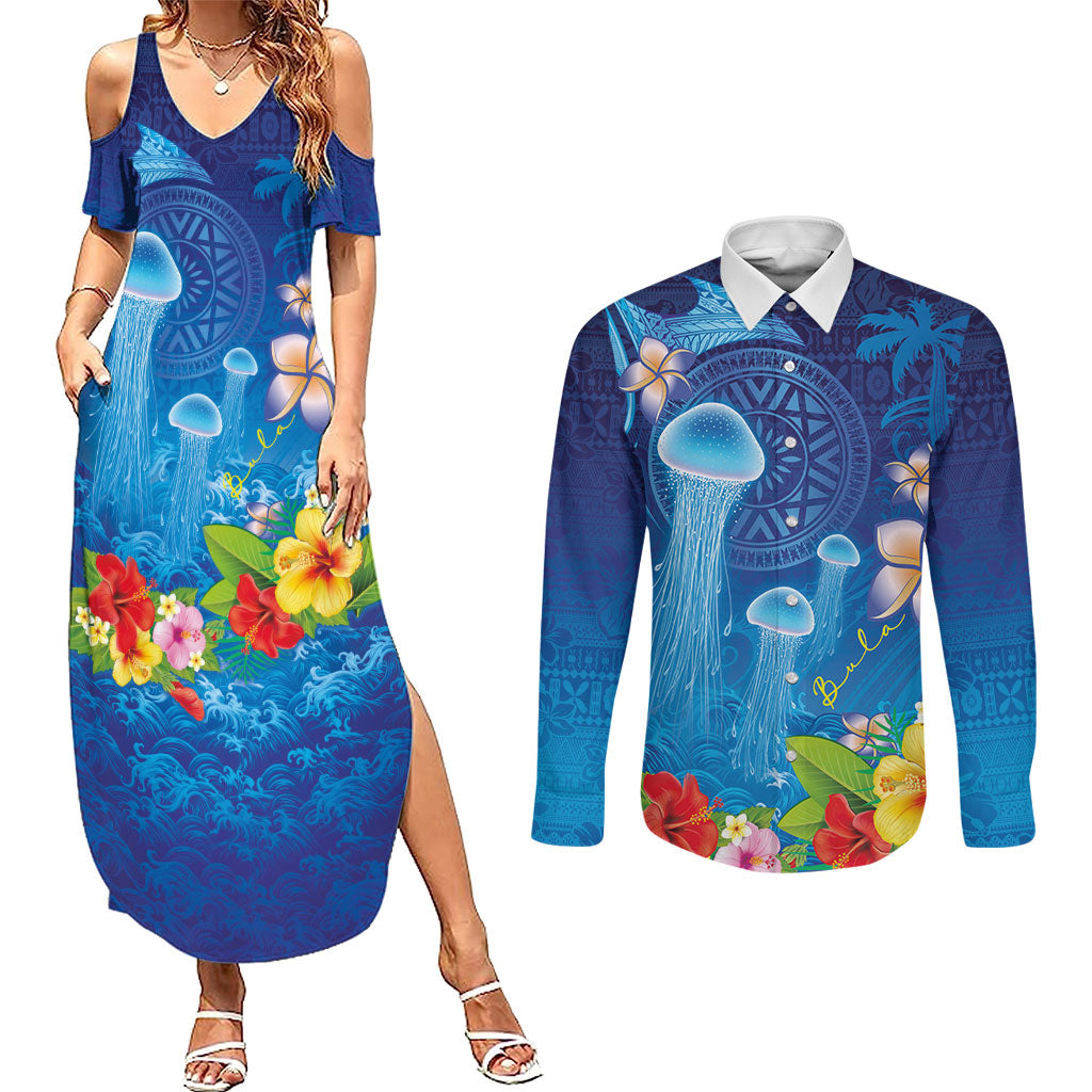 Fiji Jellyfish Couples Matching Summer Maxi Dress and Long Sleeve Button Shirt Tapa Patterns and Hibiscus Sea Vibe LT03 Blue - Polynesian Pride