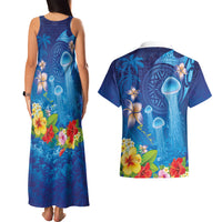 Fiji Jellyfish Couples Matching Tank Maxi Dress and Hawaiian Shirt Tapa Patterns and Hibiscus Sea Vibe LT03 - Polynesian Pride