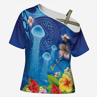 Fiji Jellyfish Cross Shoulder Shirt Tapa Patterns and Hibiscus Sea Vibe