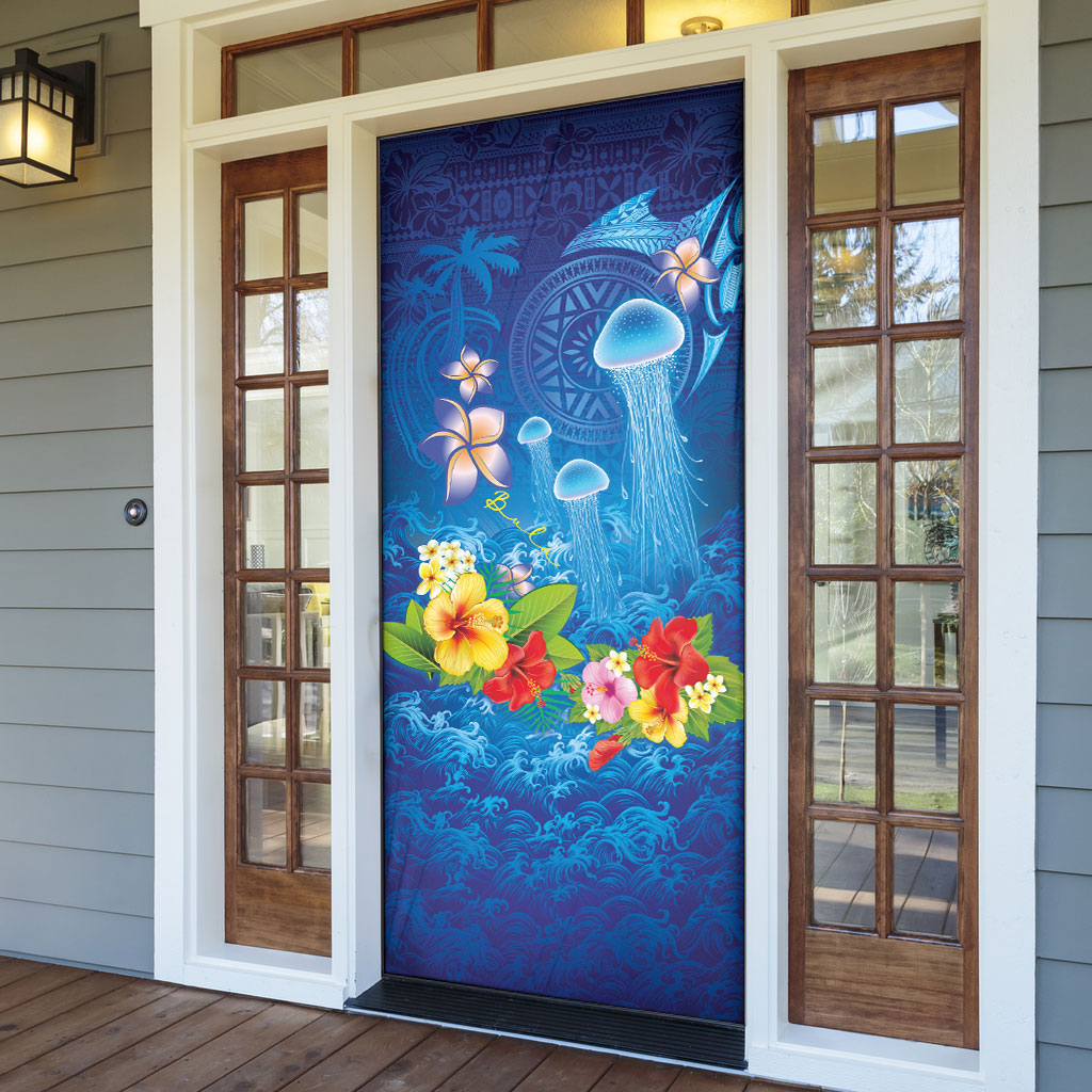 Fiji Jellyfish Door Cover Tapa Patterns and Hibiscus Sea Vibe LT03 - Polynesian Pride