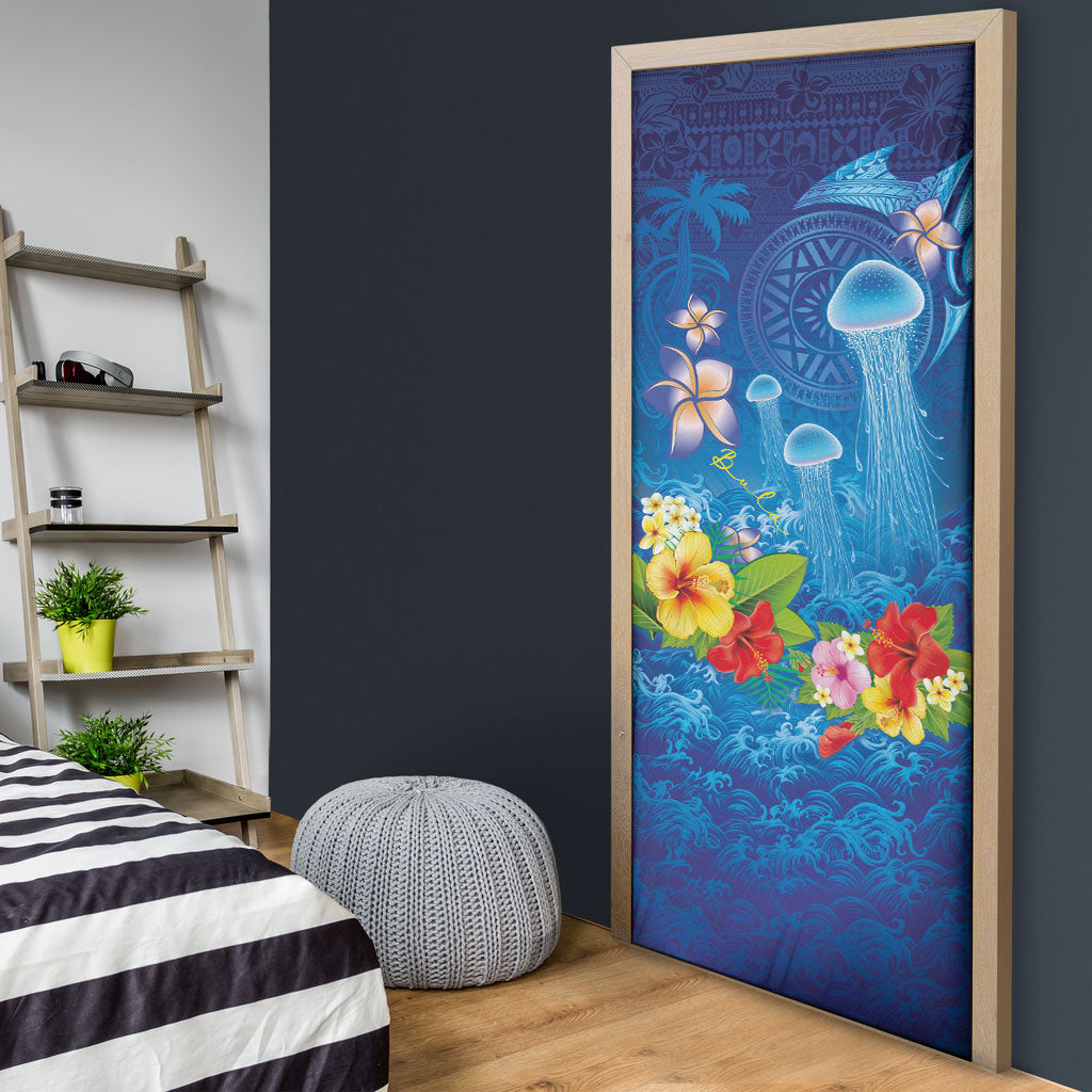 Fiji Jellyfish Door Cover Tapa Patterns and Hibiscus Sea Vibe LT03 - Polynesian Pride