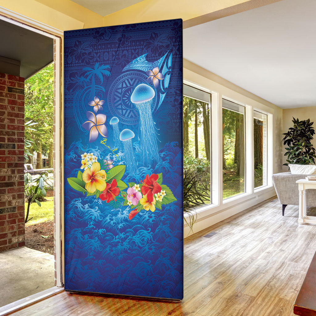 Fiji Jellyfish Door Cover Tapa Patterns and Hibiscus Sea Vibe LT03 - Polynesian Pride