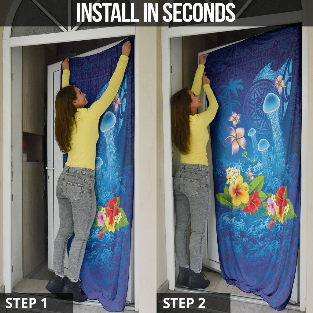 Fiji Jellyfish Door Cover Tapa Patterns and Hibiscus Sea Vibe LT03 - Polynesian Pride