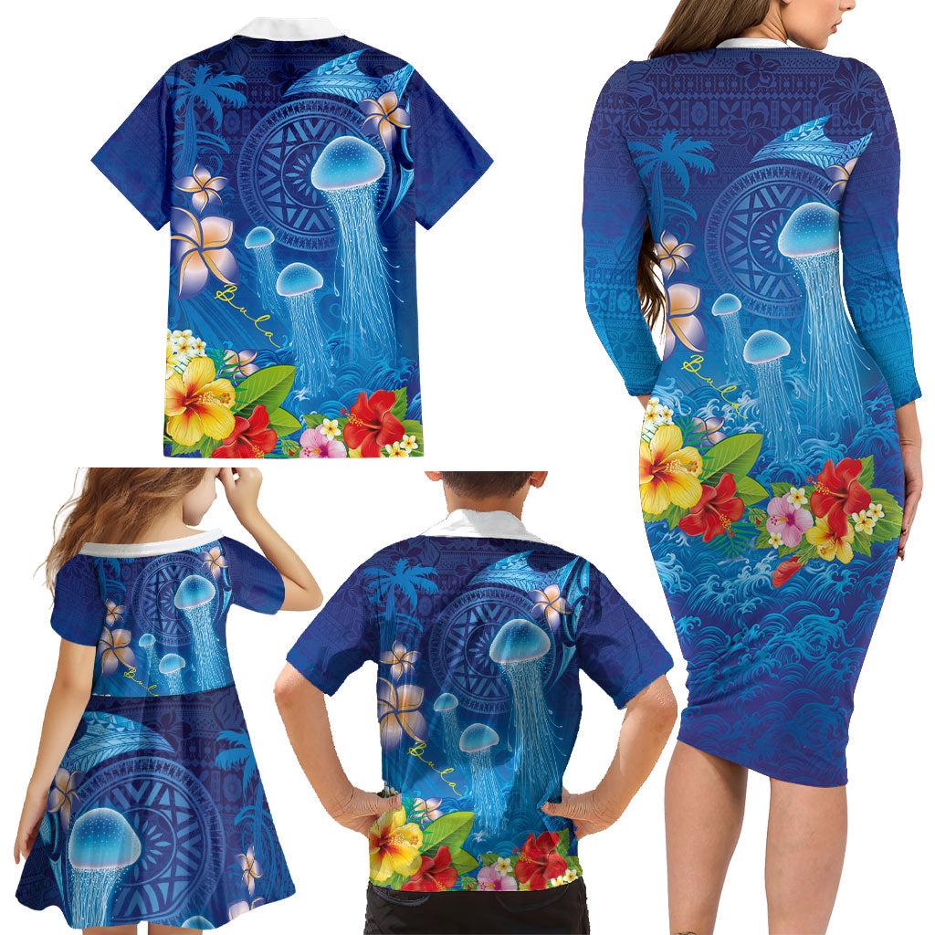 Fiji Jellyfish Family Matching Long Sleeve Bodycon Dress and Hawaiian Shirt Tapa Patterns and Hibiscus Sea Vibe LT03 - Polynesian Pride