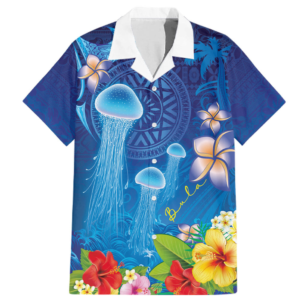 Fiji Jellyfish Family Matching Off The Shoulder Long Sleeve Dress and Hawaiian Shirt Tapa Patterns and Hibiscus Sea Vibe LT03 Dad's Shirt - Short Sleeve Blue - Polynesian Pride