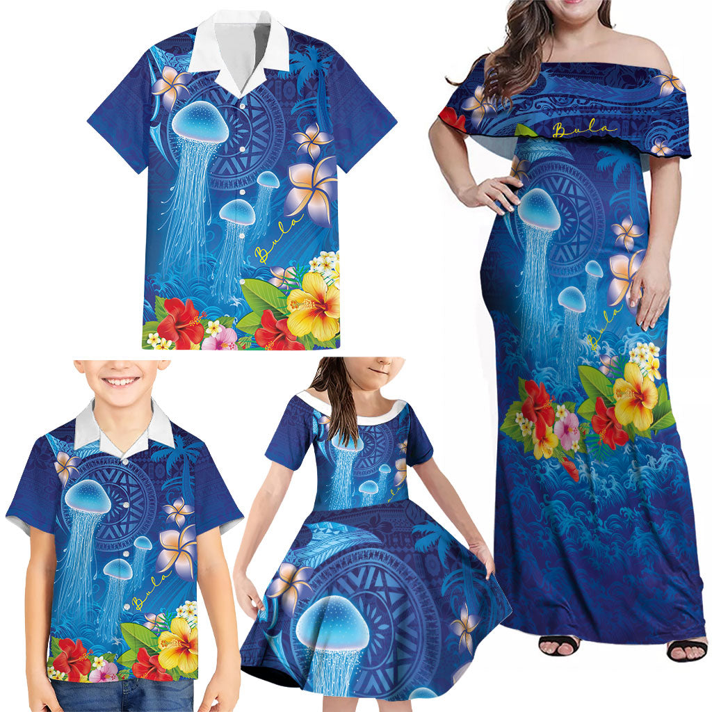 Fiji Jellyfish Family Matching Off Shoulder Maxi Dress and Hawaiian Shirt Tapa Patterns and Hibiscus Sea Vibe LT03 - Polynesian Pride