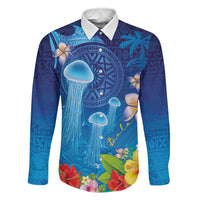 Fiji Jellyfish Family Matching Off Shoulder Maxi Dress and Hawaiian Shirt Tapa Patterns and Hibiscus Sea Vibe LT03 Dad's Shirt - Long Sleeve Blue - Polynesian Pride