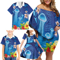Fiji Jellyfish Family Matching Off Shoulder Short Dress and Hawaiian Shirt Tapa Patterns and Hibiscus Sea Vibe LT03 - Polynesian Pride