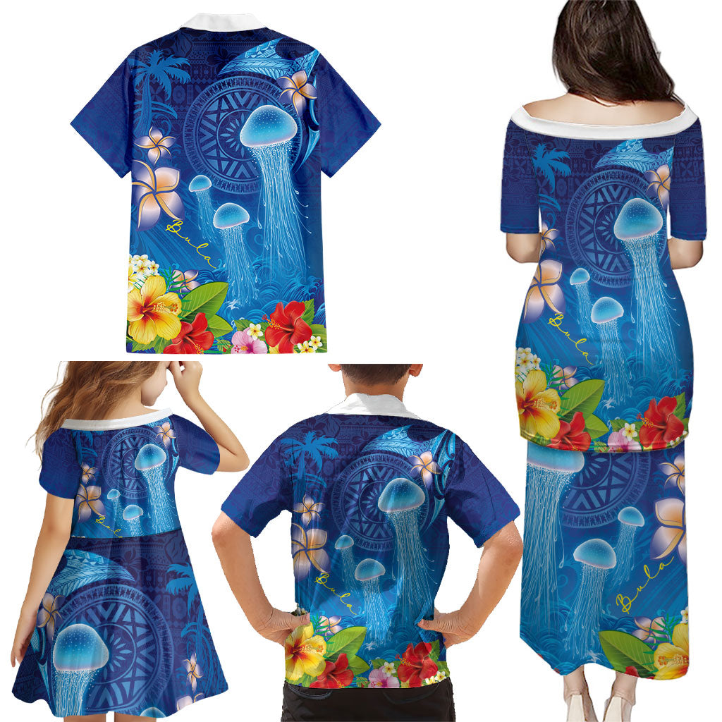 Fiji Jellyfish Family Matching Puletasi and Hawaiian Shirt Tapa Patterns and Hibiscus Sea Vibe LT03 - Polynesian Pride