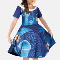 Fiji Jellyfish Family Matching Short Sleeve Bodycon Dress and Hawaiian Shirt Tapa Patterns and Hibiscus Sea Vibe LT03 Daughter's Dress Blue - Polynesian Pride
