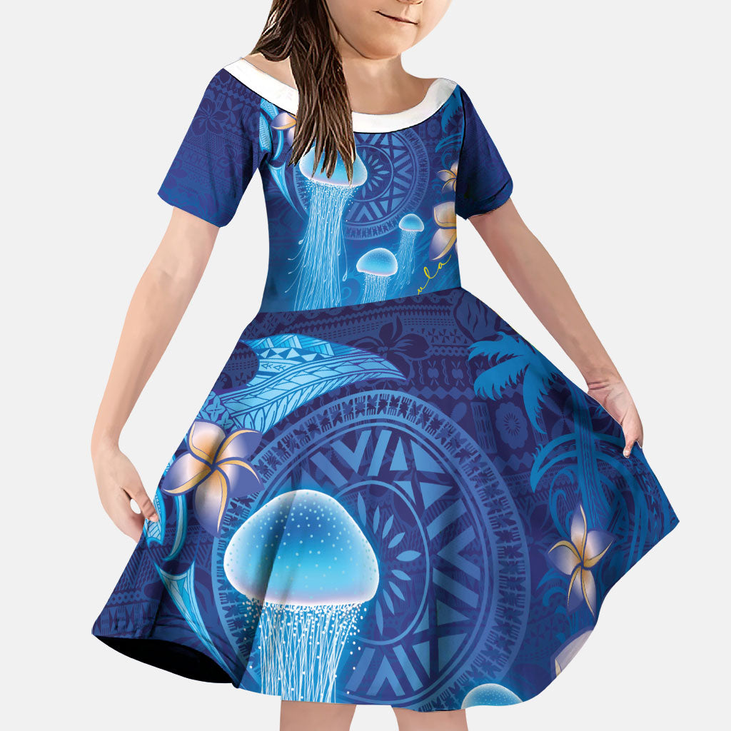 Fiji Jellyfish Family Matching Summer Maxi Dress and Hawaiian Shirt Tapa Patterns and Hibiscus Sea Vibe LT03 Daughter's Dress Blue - Polynesian Pride