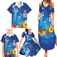 Fiji Jellyfish Family Matching Summer Maxi Dress and Hawaiian Shirt Tapa Patterns and Hibiscus Sea Vibe LT03 - Polynesian Pride