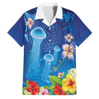 Fiji Jellyfish Family Matching Tank Maxi Dress and Hawaiian Shirt Tapa Patterns and Hibiscus Sea Vibe LT03 Dad's Shirt - Short Sleeve Blue - Polynesian Pride