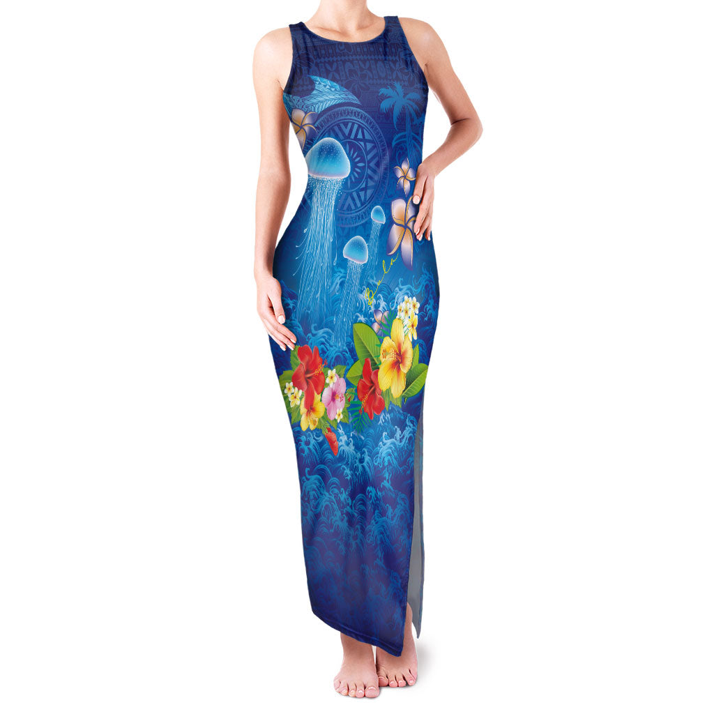Fiji Jellyfish Family Matching Tank Maxi Dress and Hawaiian Shirt Tapa Patterns and Hibiscus Sea Vibe LT03 Mom's Dress Blue - Polynesian Pride