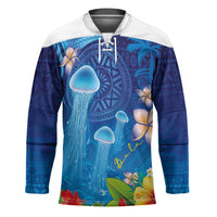 Fiji Jellyfish Hockey Jersey Tapa Patterns and Hibiscus Sea Vibe