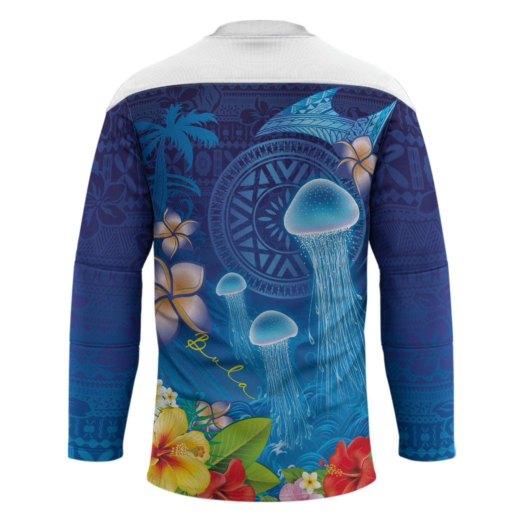 Fiji Jellyfish Hockey Jersey Tapa Patterns and Hibiscus Sea Vibe