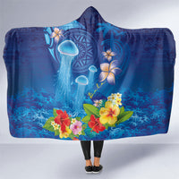 Fiji Jellyfish Hooded Blanket Tapa Patterns and Hibiscus Sea Vibe