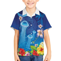 Fiji Jellyfish Kid Hawaiian Shirt Tapa Patterns and Hibiscus Sea Vibe