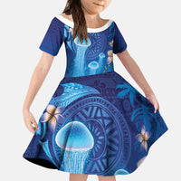 Fiji Jellyfish Kid Short Sleeve Dress Tapa Patterns and Hibiscus Sea Vibe LT03 KID Blue - Polynesian Pride