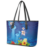 Fiji Jellyfish Leather Tote Bag Tapa Patterns and Hibiscus Sea Vibe