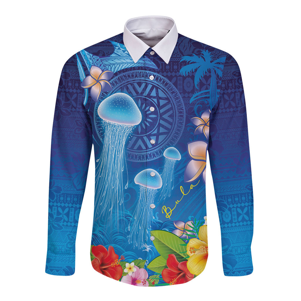 Fiji Jellyfish Long Sleeve Button Shirt Tapa Patterns and Hibiscus Sea Vibe