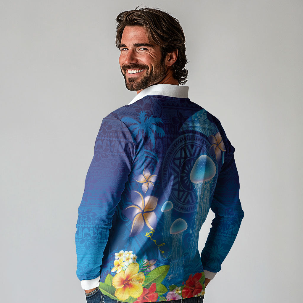 Fiji Jellyfish Long Sleeve Polo Shirt Tapa Patterns and Hibiscus Sea Vibe
