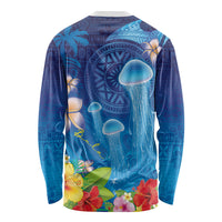 Fiji Jellyfish Long Sleeve Shirt Tapa Patterns and Hibiscus Sea Vibe