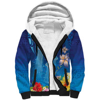 Fiji Jellyfish Sherpa Hoodie Tapa Patterns and Hibiscus Sea Vibe LT03 Unisex Blue - Polynesian Pride