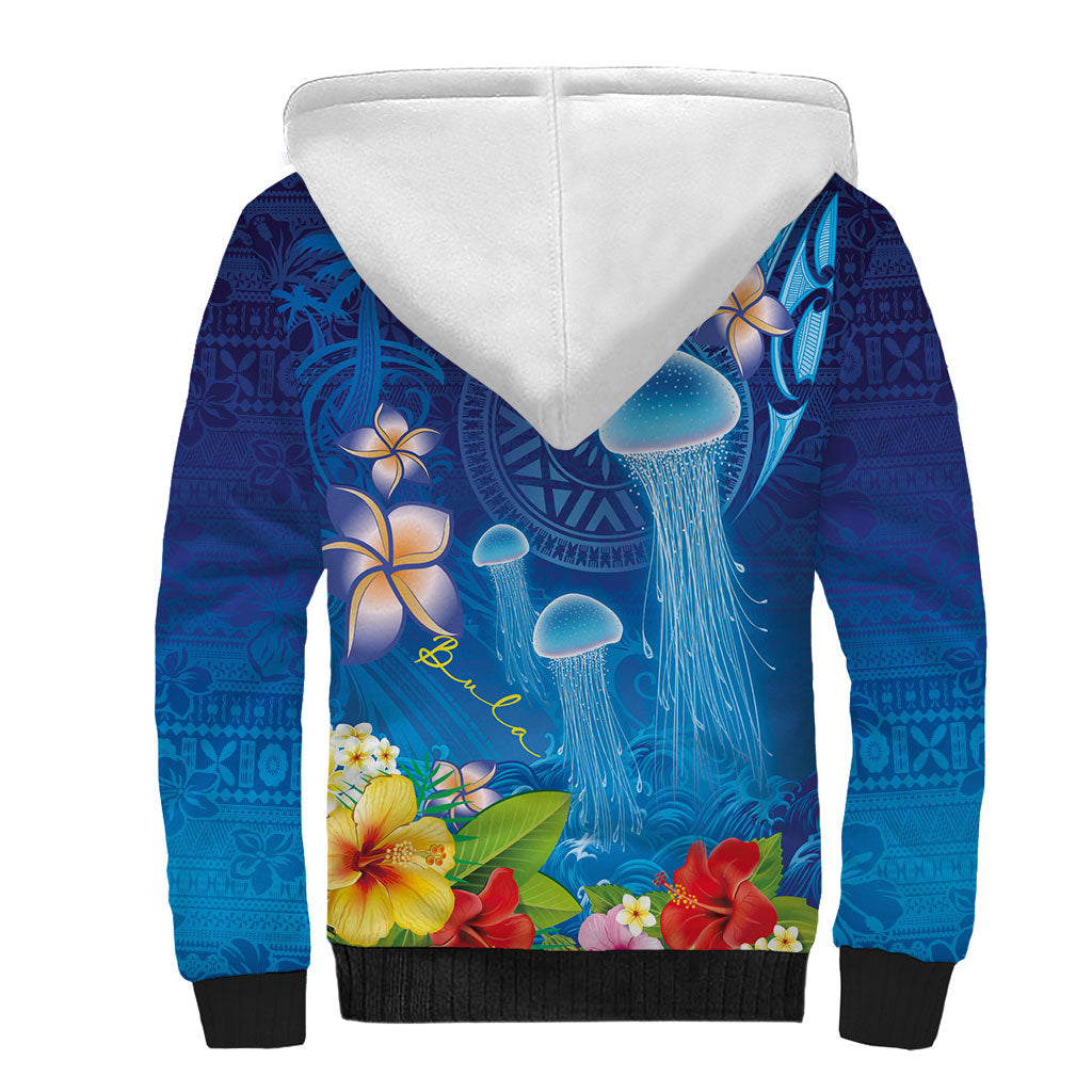 Fiji Jellyfish Sherpa Hoodie Tapa Patterns and Hibiscus Sea Vibe LT03 - Polynesian Pride