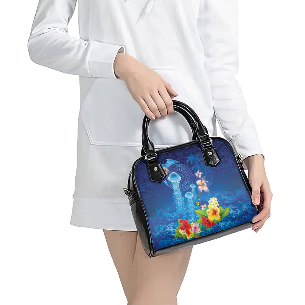 Fiji Jellyfish Shoulder Handbag Tapa Patterns and Hibiscus Sea Vibe