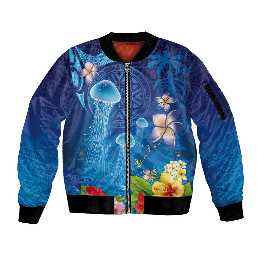 Fiji Jellyfish Sleeve Zip Bomber Jacket Tapa Patterns and Hibiscus Sea Vibe