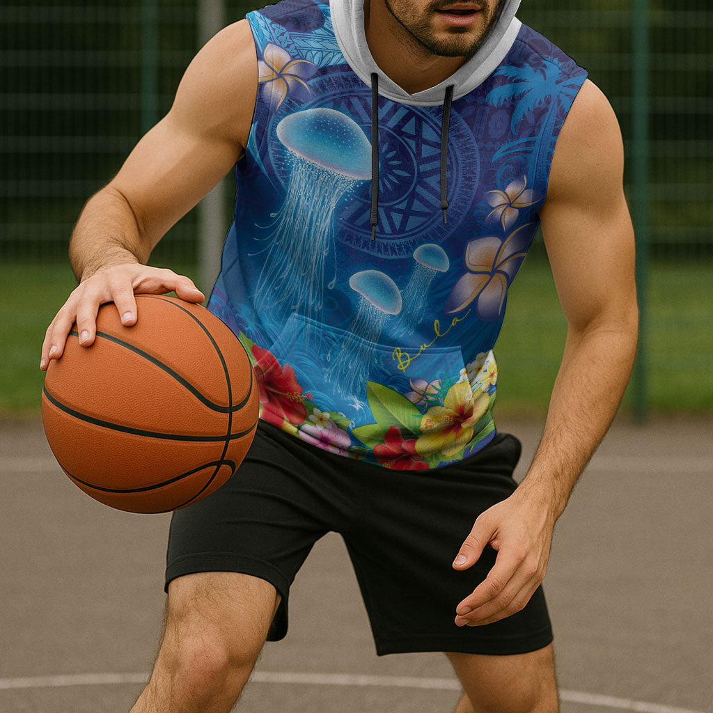 Fiji Jellyfish Sleeveless Hoodie Tapa Patterns and Hibiscus Sea Vibe