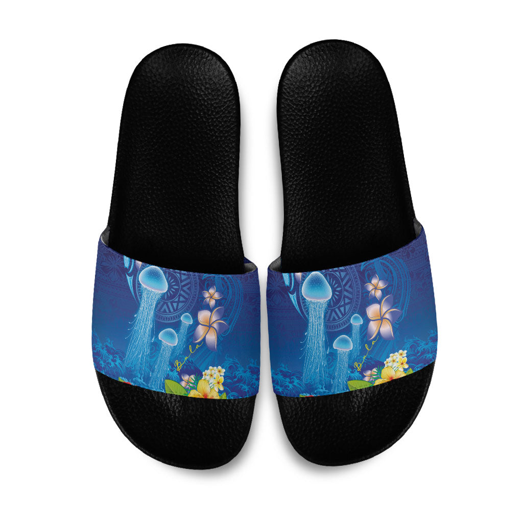 Fiji Jellyfish Slide Sandals Tapa Patterns and Hibiscus Sea Vibe