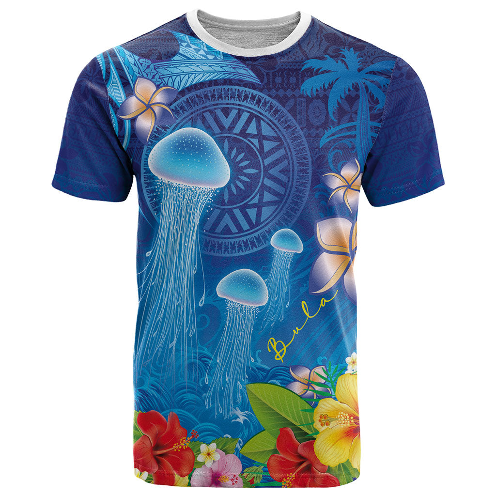 Fiji Jellyfish T Shirt Tapa Patterns and Hibiscus Sea Vibe LT03 Blue - Polynesian Pride