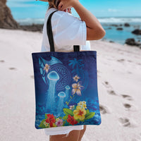 Fiji Jellyfish Tote Bag Tapa Patterns and Hibiscus Sea Vibe