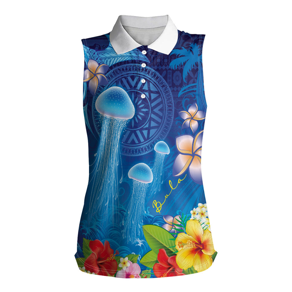 Fiji Jellyfish Women Sleeveless Polo Shirt Tapa Patterns and Hibiscus Sea Vibe