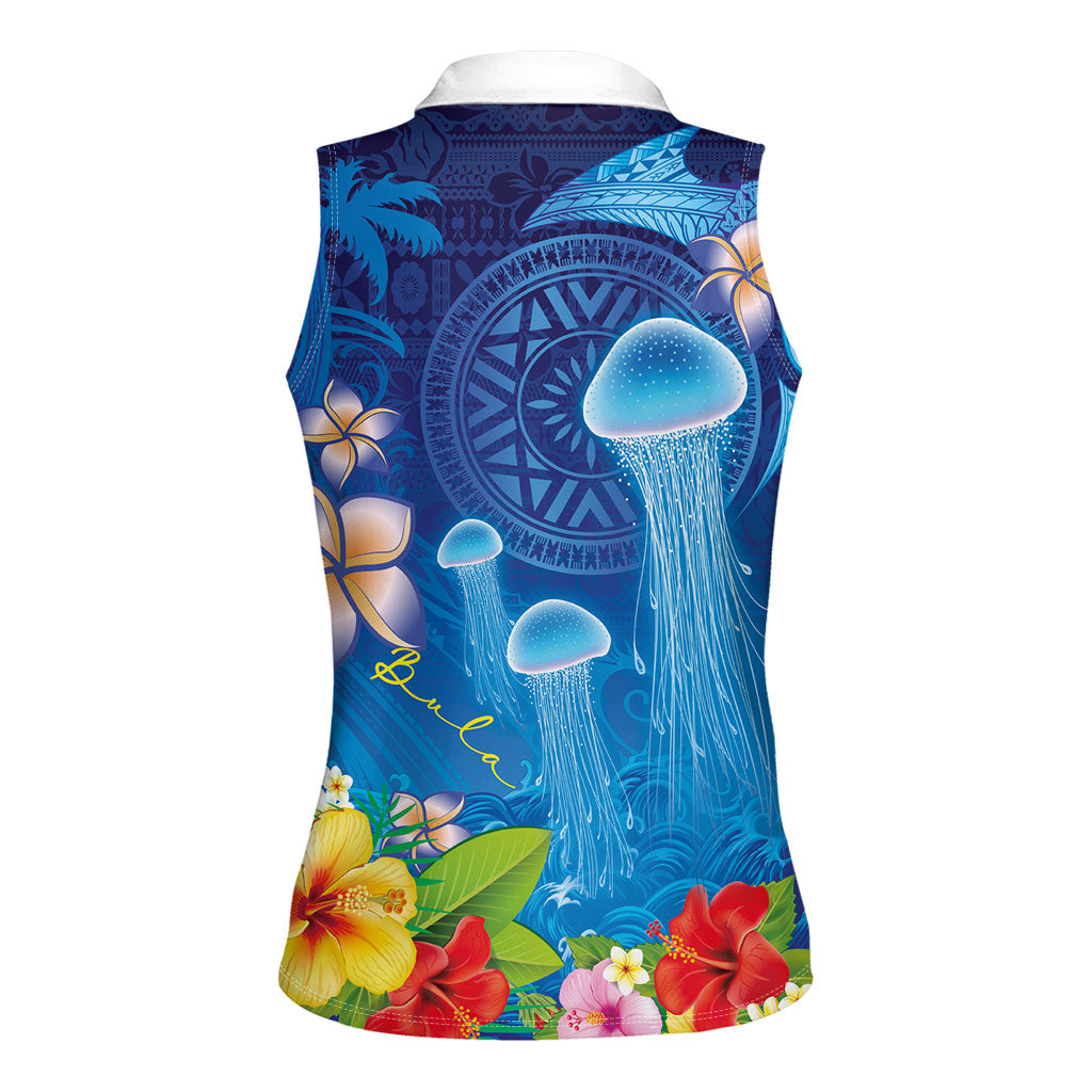 Fiji Jellyfish Women Sleeveless Polo Shirt Tapa Patterns and Hibiscus Sea Vibe LT03 - Polynesian Pride