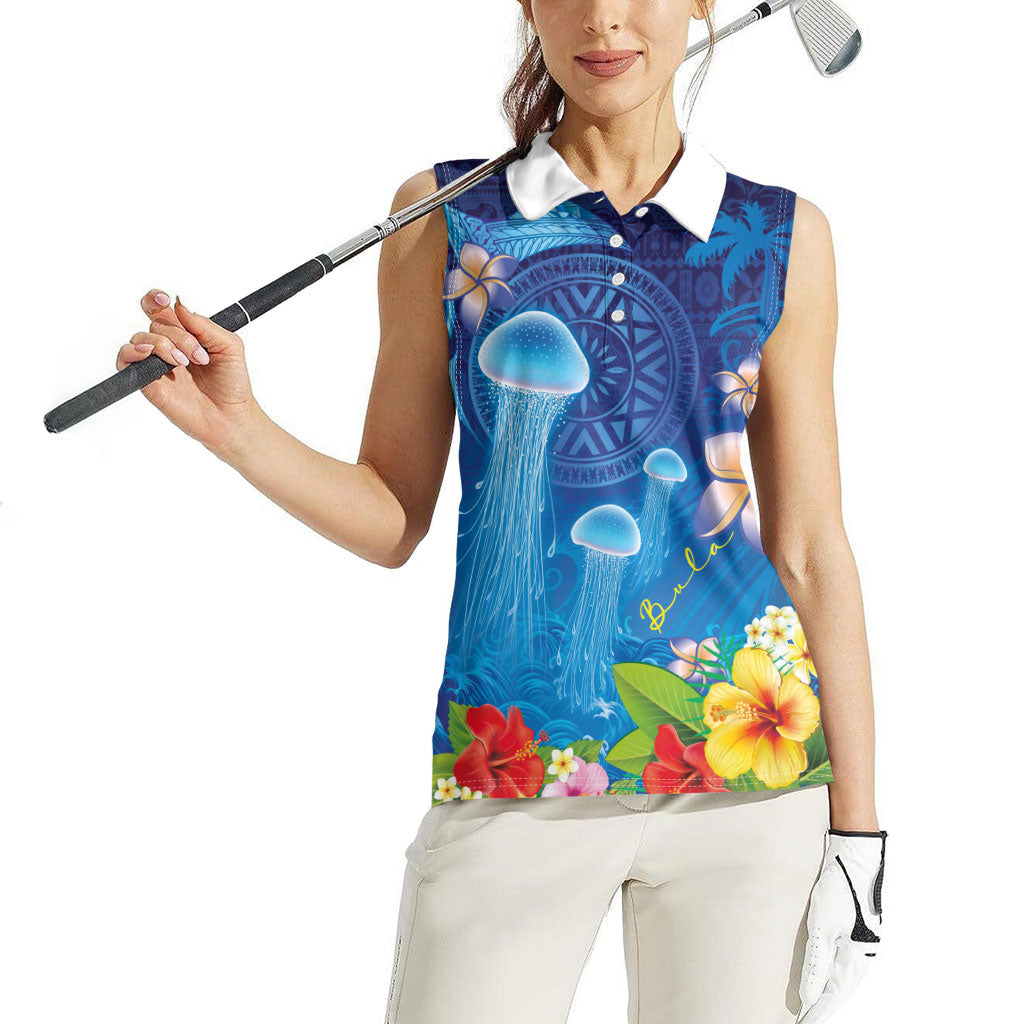 Fiji Jellyfish Women Sleeveless Polo Shirt Tapa Patterns and Hibiscus Sea Vibe LT03 - Polynesian Pride