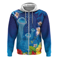 Fiji Jellyfish Zip Hoodie Tapa Patterns and Hibiscus Sea Vibe