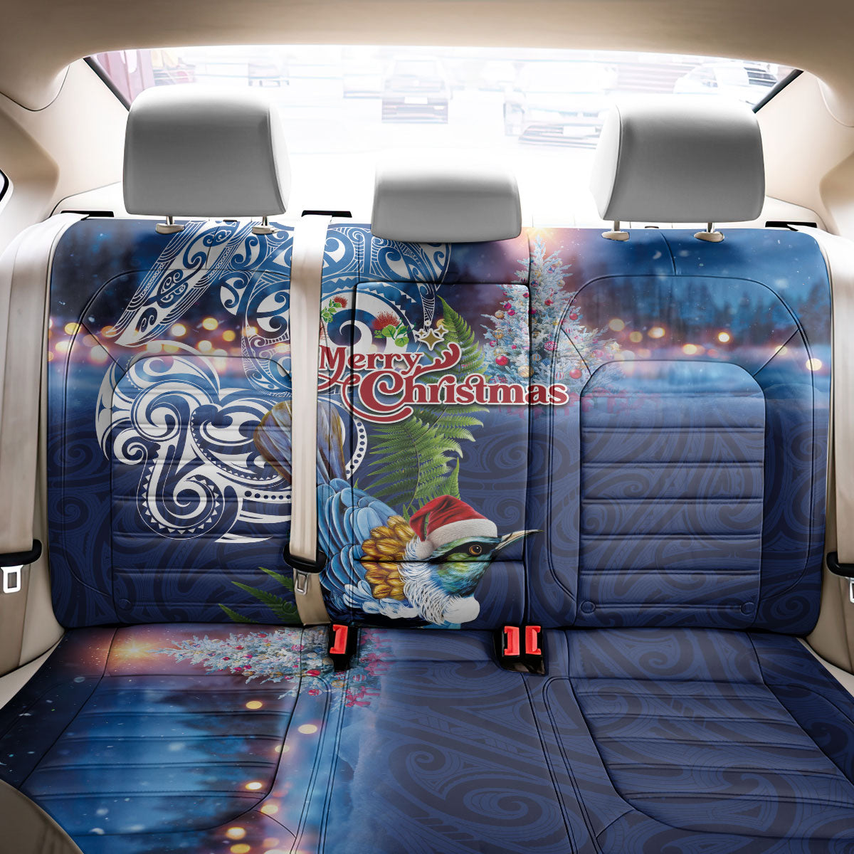 New Zealand Merry Christmas Back Car Seat Cover Maori Tribal Pattern with Xmas Tui Bird LT03 - Polynesian Pride